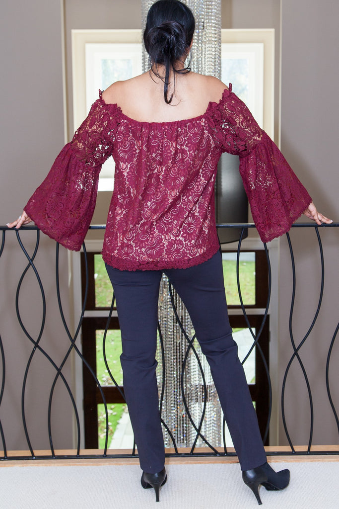 Cranberry Lace Open Shouldler Top