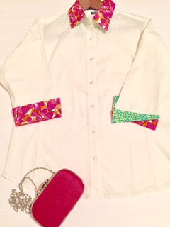 100% Cotton White Shirt with Pink/Green detailed collar and cuff