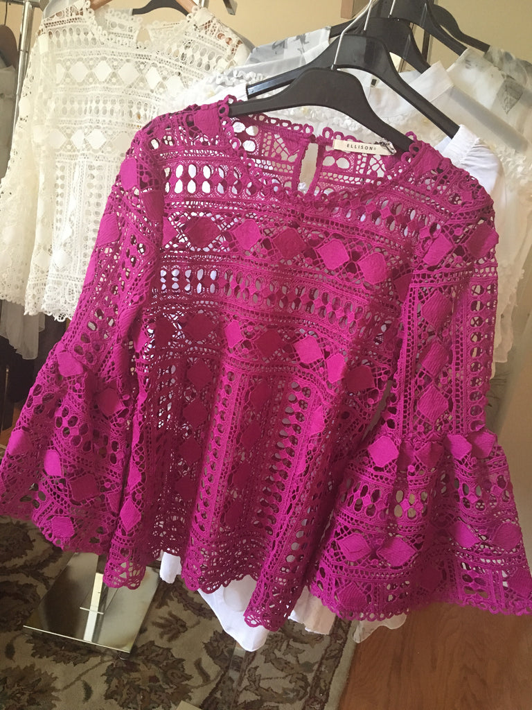 Bell Sleeve Crochet Top - Top Seller! Available in Cream & Fuschsia