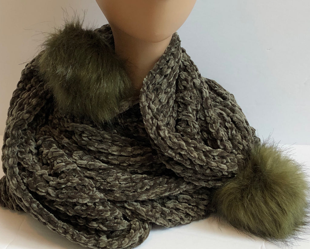 Olive Green-Winter Scarf with Faux Fur Tips